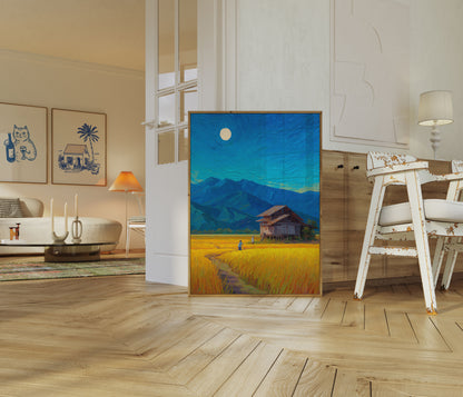 Poster Paesaggio Montano con Casa Colonica al Chiaro di Luna