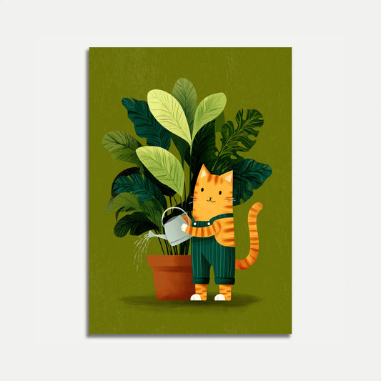 Orange Cat Watering Plants Poster