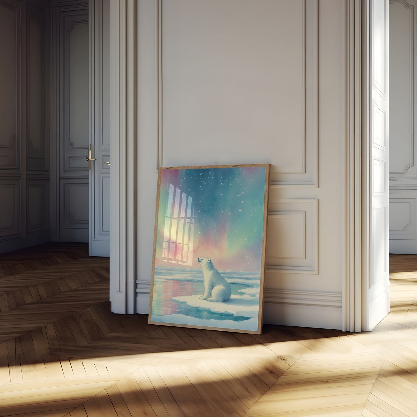 Póster de oso polar con aurora ártica
