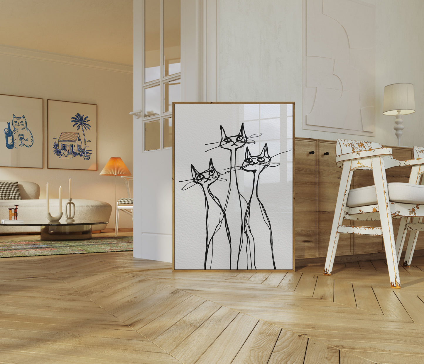 Pôster com Desenho de Três Gatos Elegantes em Linha