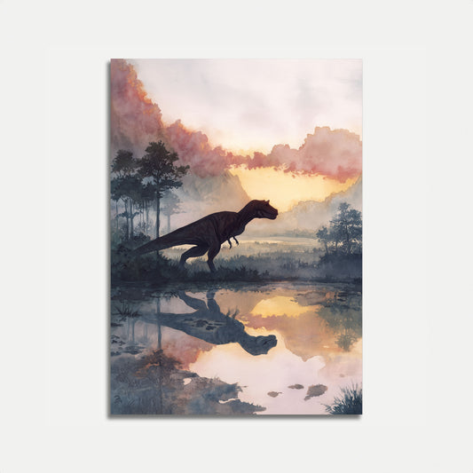 Póster de dinosaurio prehistórico al atardecer