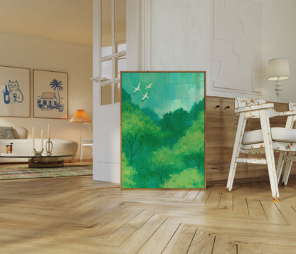 Vögel fliegen über Wald Poster