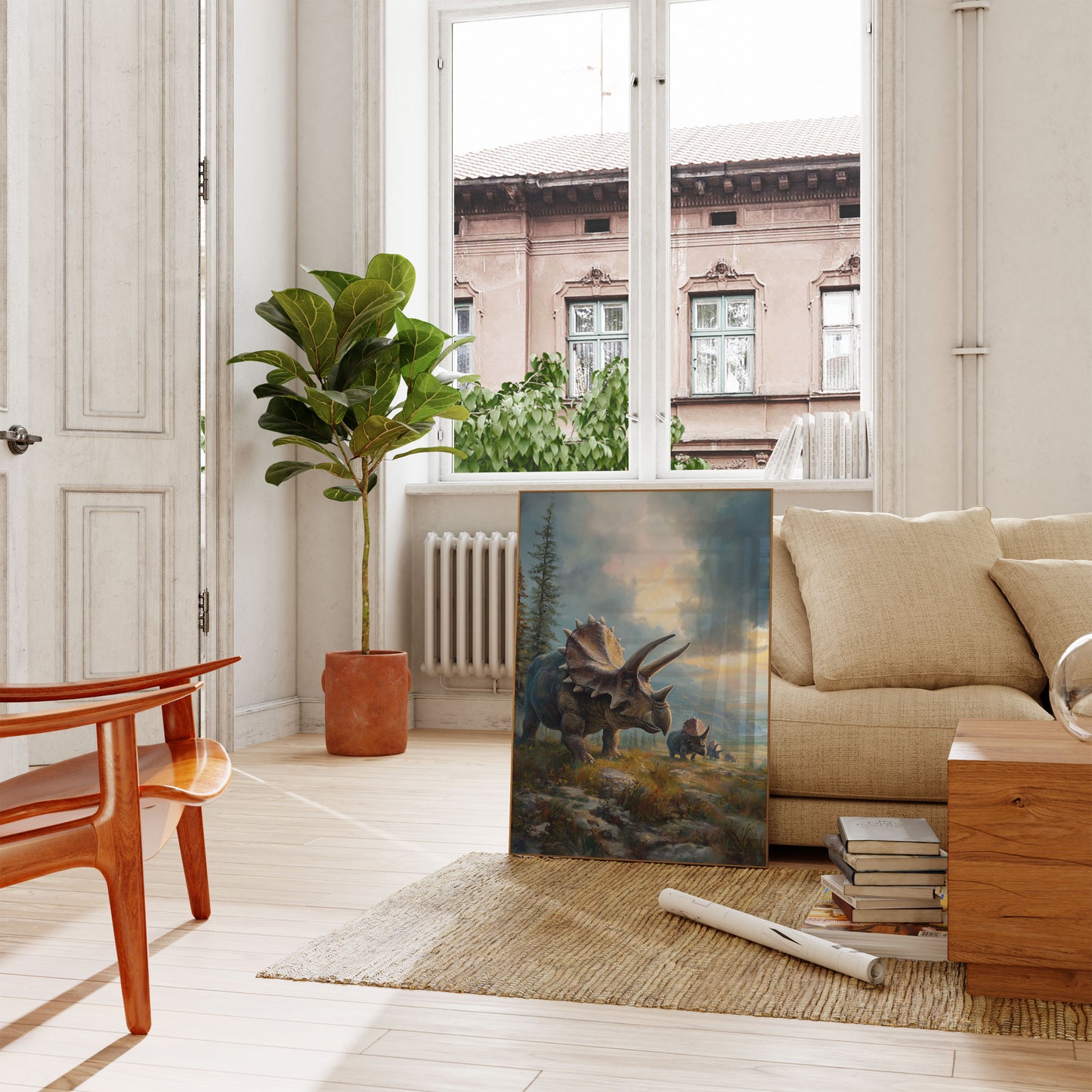 Póster de paisaje prehistórico de Triceratops