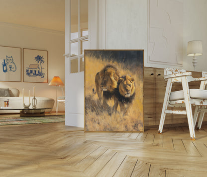 Lion Pair in Golden Grassland Poster