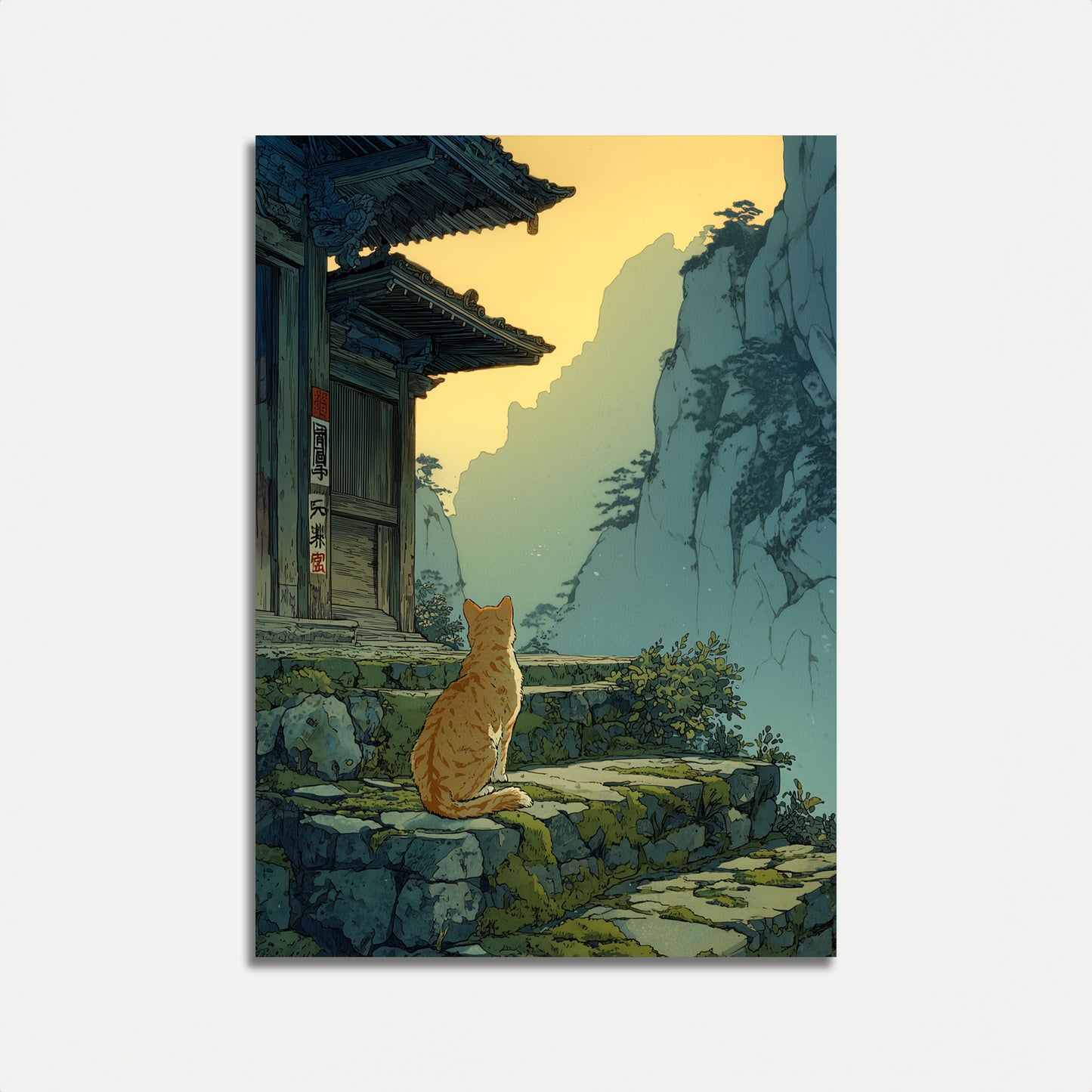 Cat at Mountain Temple Poster