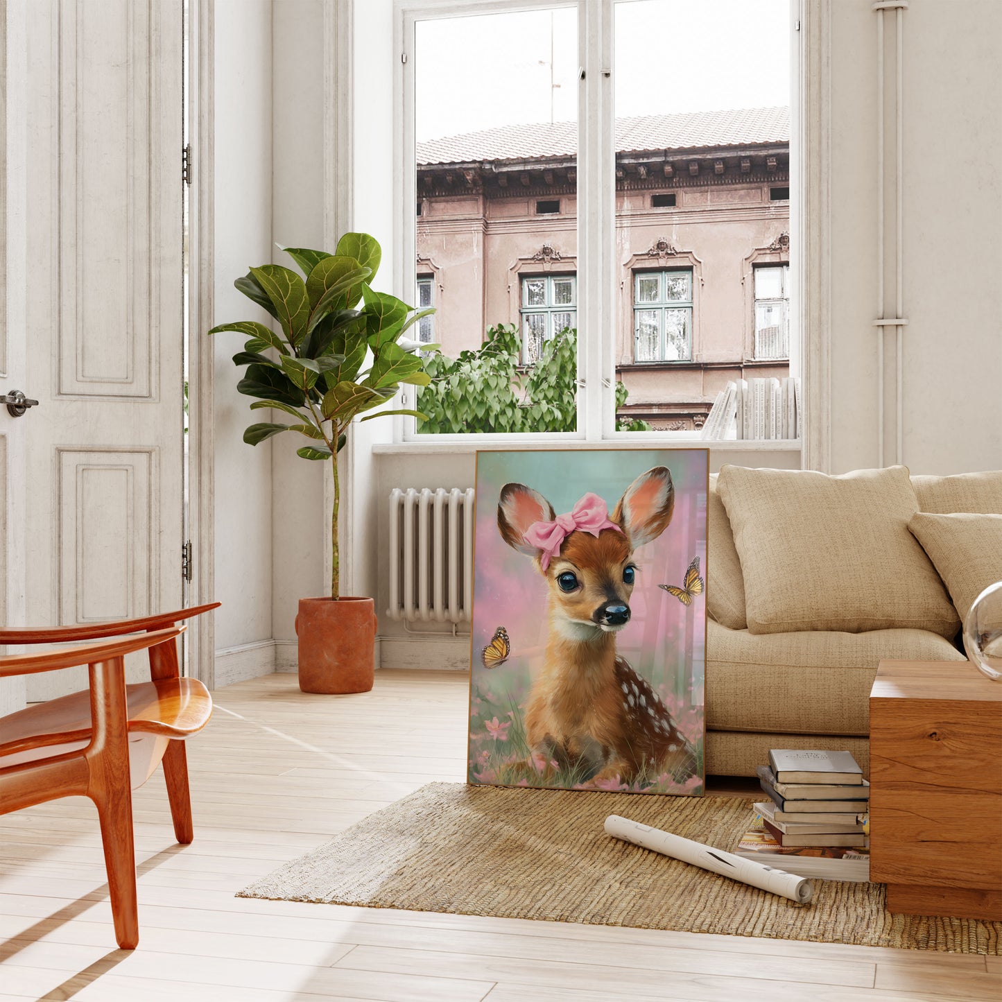 Poster Carino Cervo con Fiocco Rosa