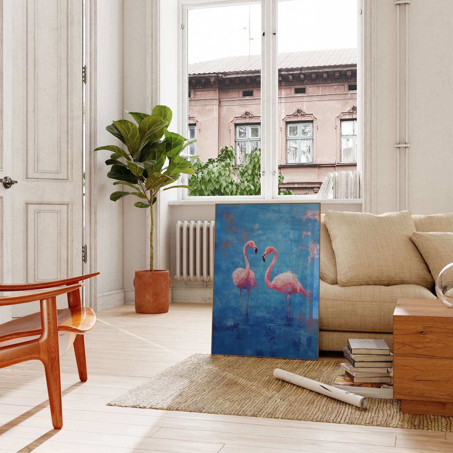 Roze Flamingo's Blauwe Canvas Poster