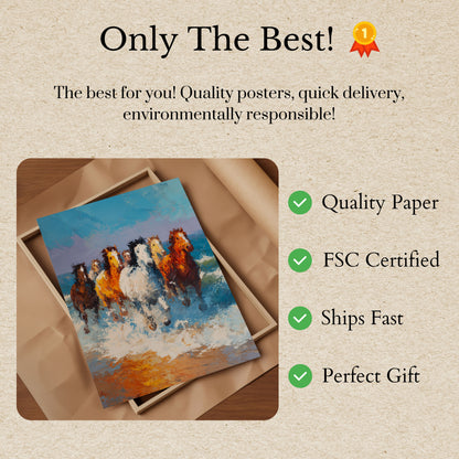 Hästar som springer genom oceanvågor affisch