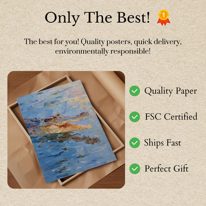 Póster de cocodrilo nadando al atardecer