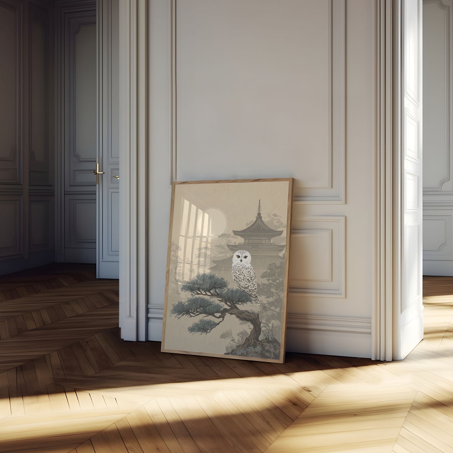 Affiche du Hibou des Neiges dans un Jardin Japonais