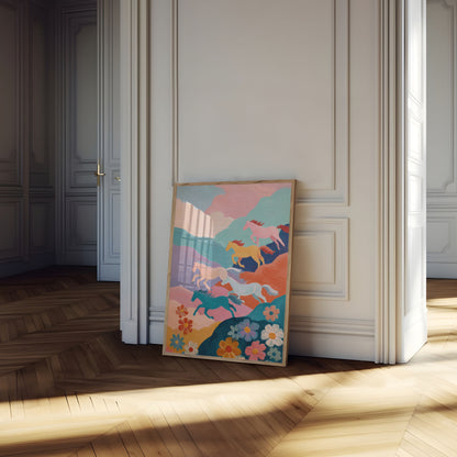 Running Horses Floral Landscape Poster