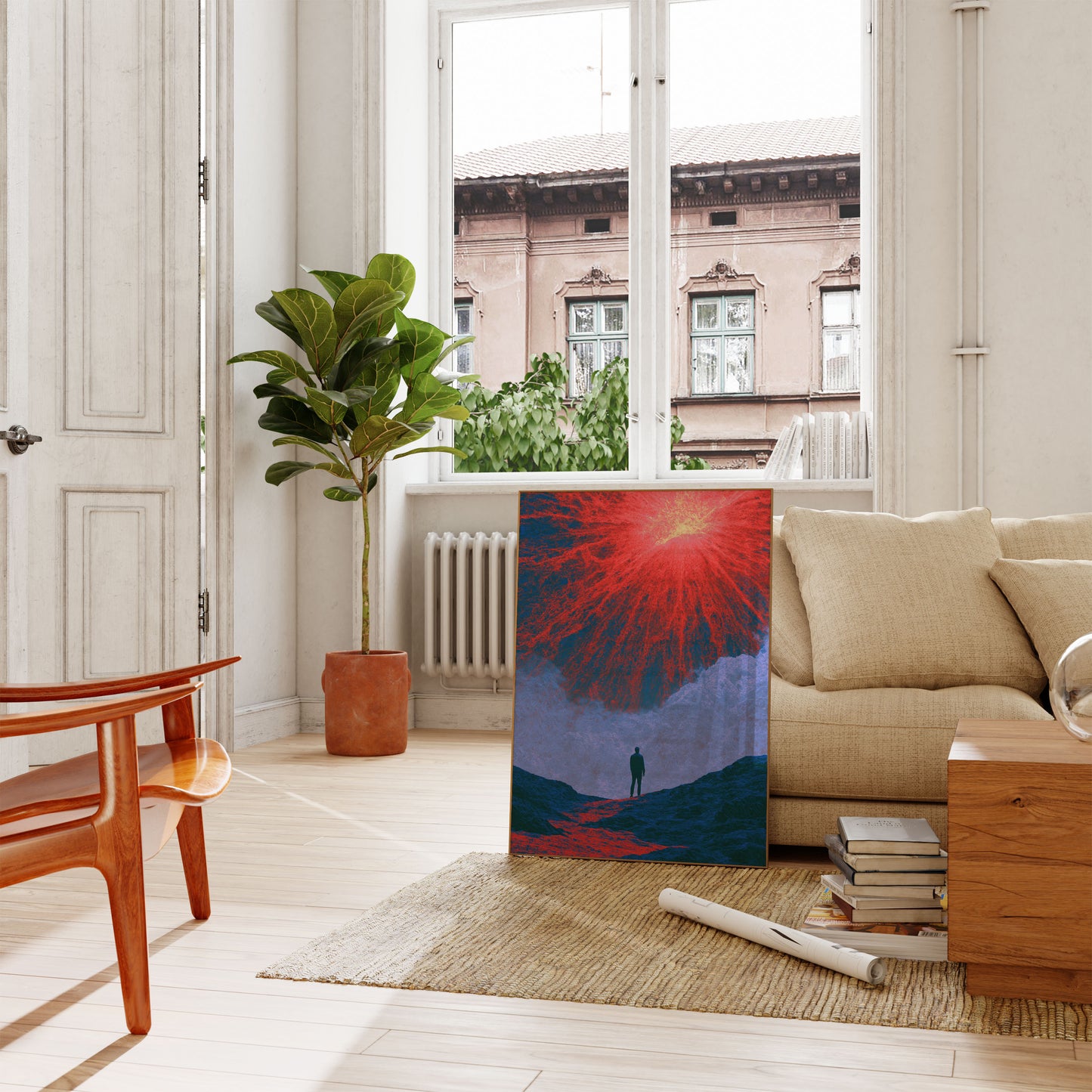 Osservatore solitario prima del poster del vulcano