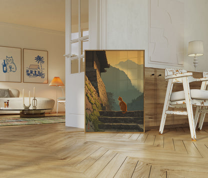 Orange Cat Mountain Contemplation Poster