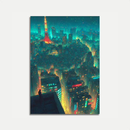 Póster de paisaje urbano nocturno de Tokio con neón
