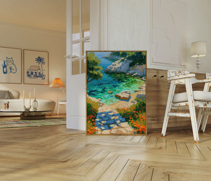 Wandbild Küstenbucht mit Wildblumen