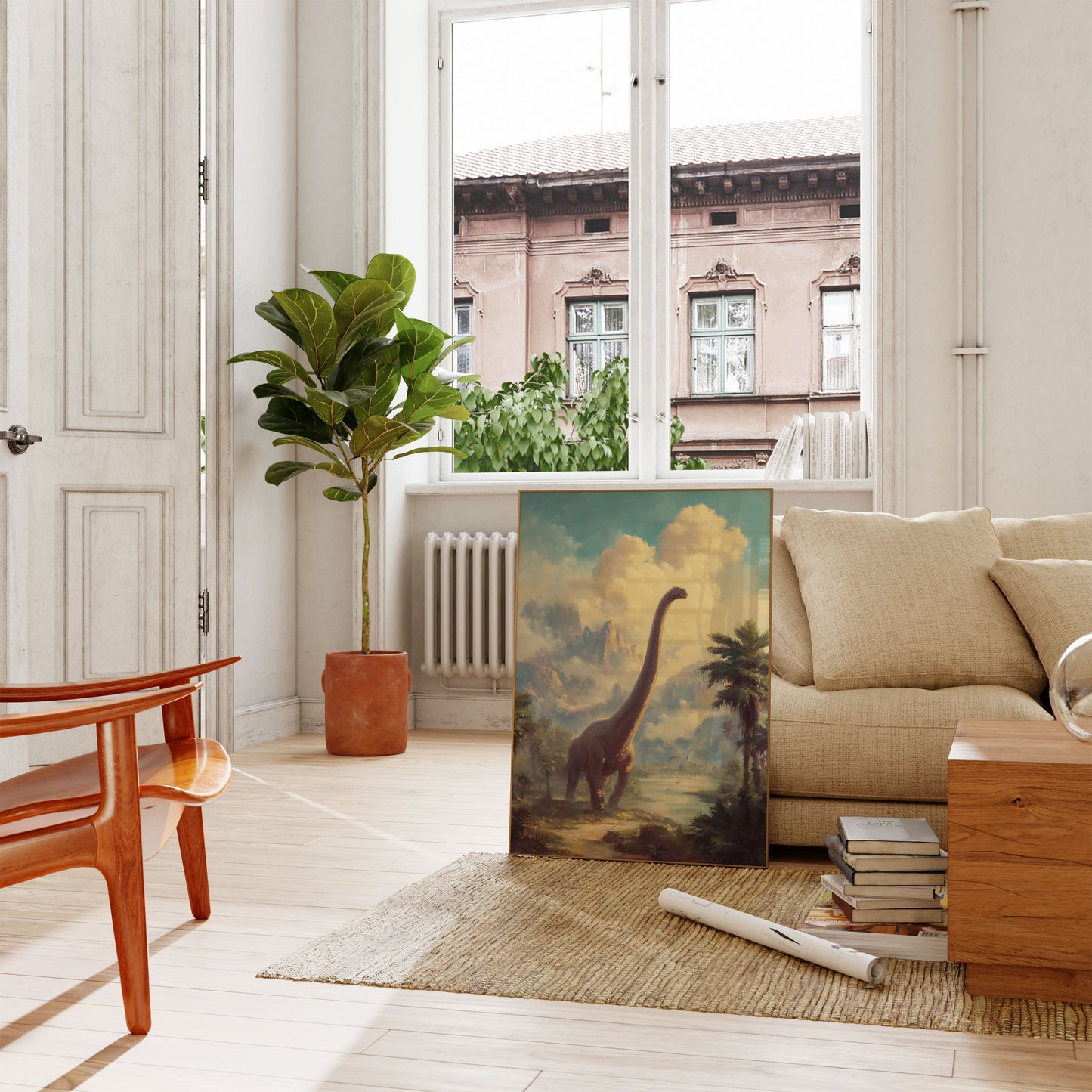 Póster de paisaje de dinosaurios primordiales