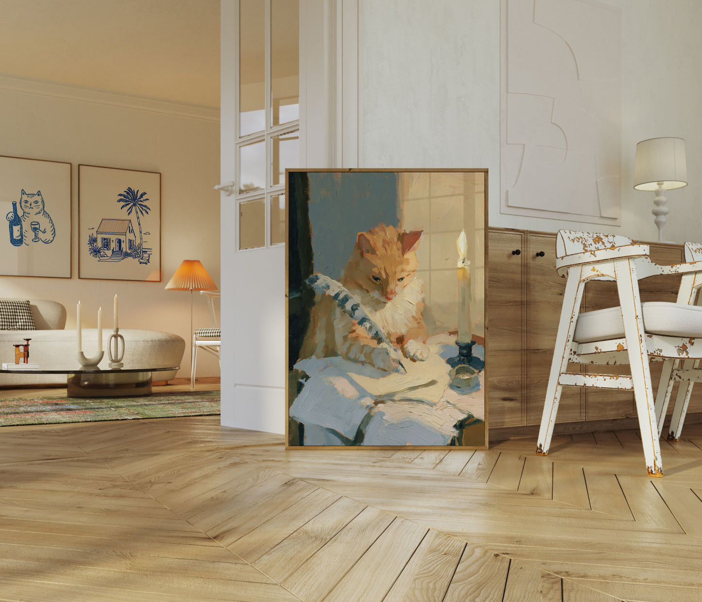 Poster: Kat leest bij kaarslicht
