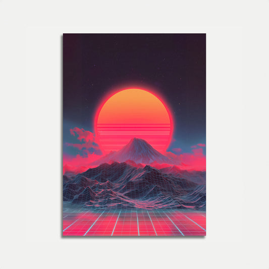 Retro Synthwave Solnedgång Berg Poster
