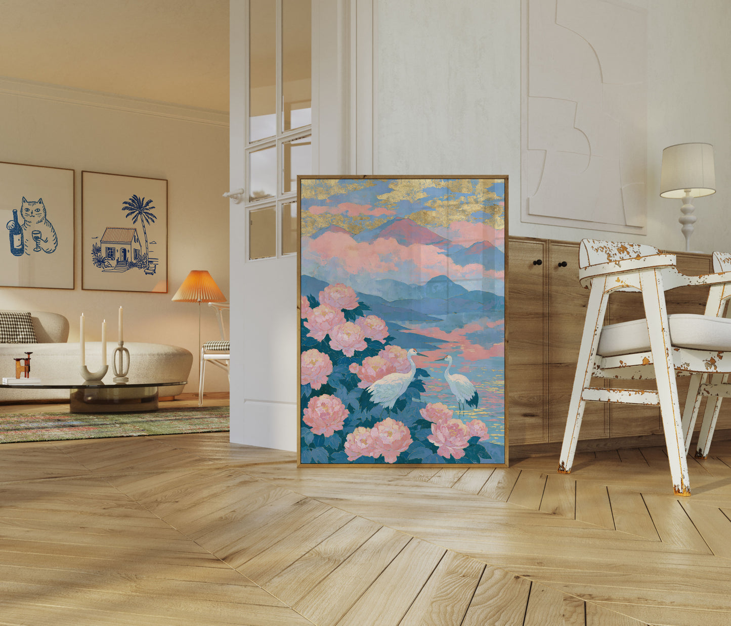 Poster: Kraniche unter rosa Pfingstrosen