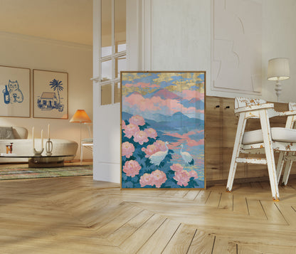 Poster: Kraniche unter rosa Pfingstrosen