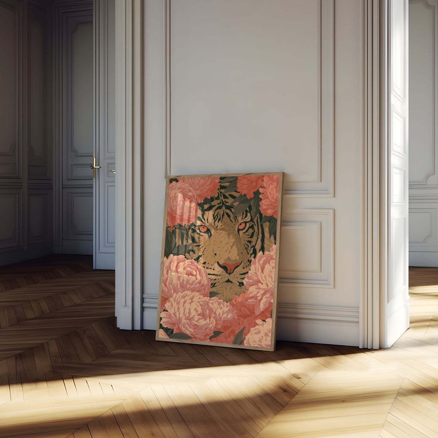Tiger Among Pink Peonies Poster
