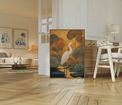 White Heron in Lotus Pond Poster