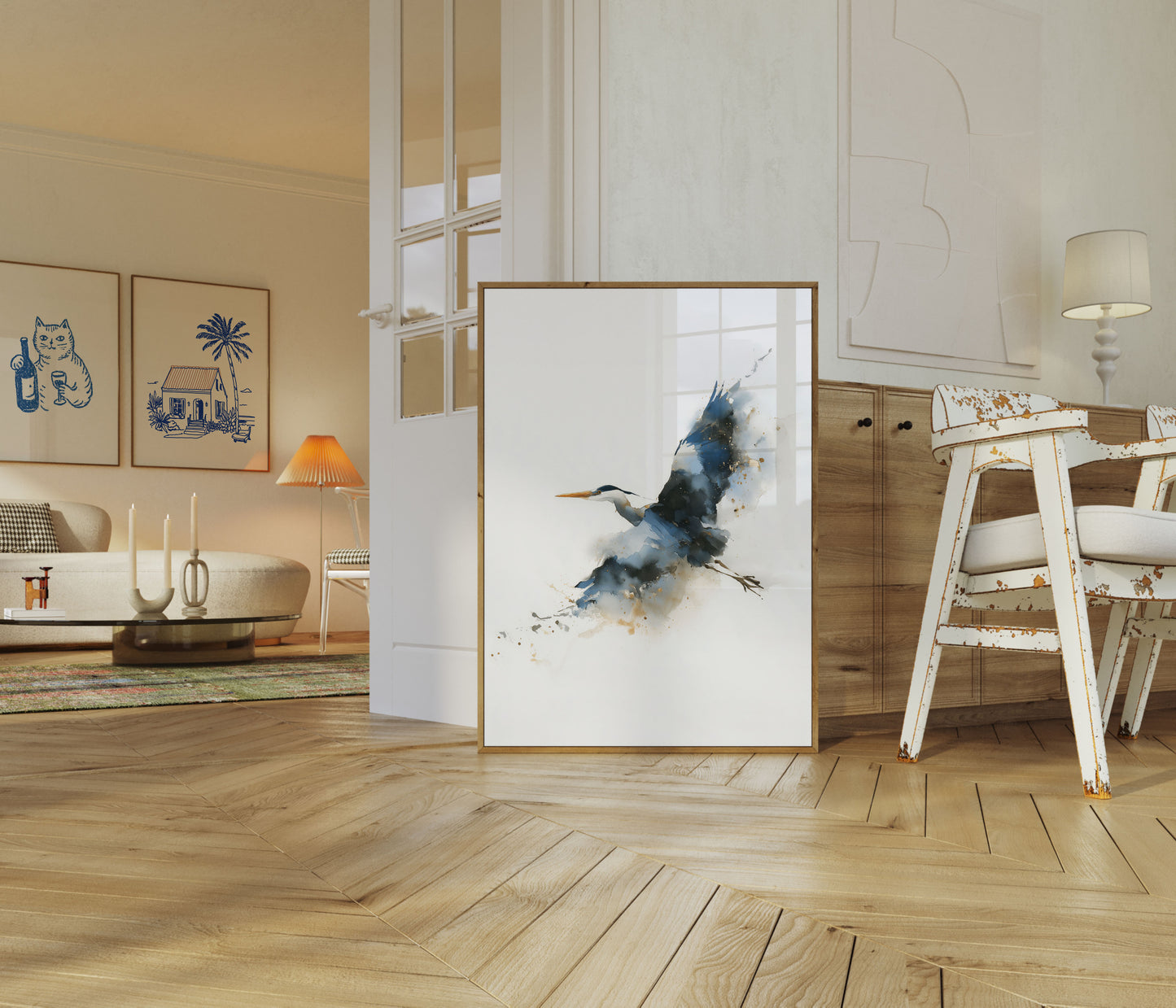 Blå Hejre Flyvning Akvarel Plakat