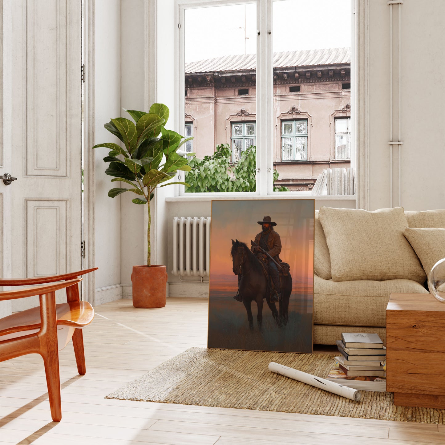 Solnedgangs Cowboy Vildmark Plakat