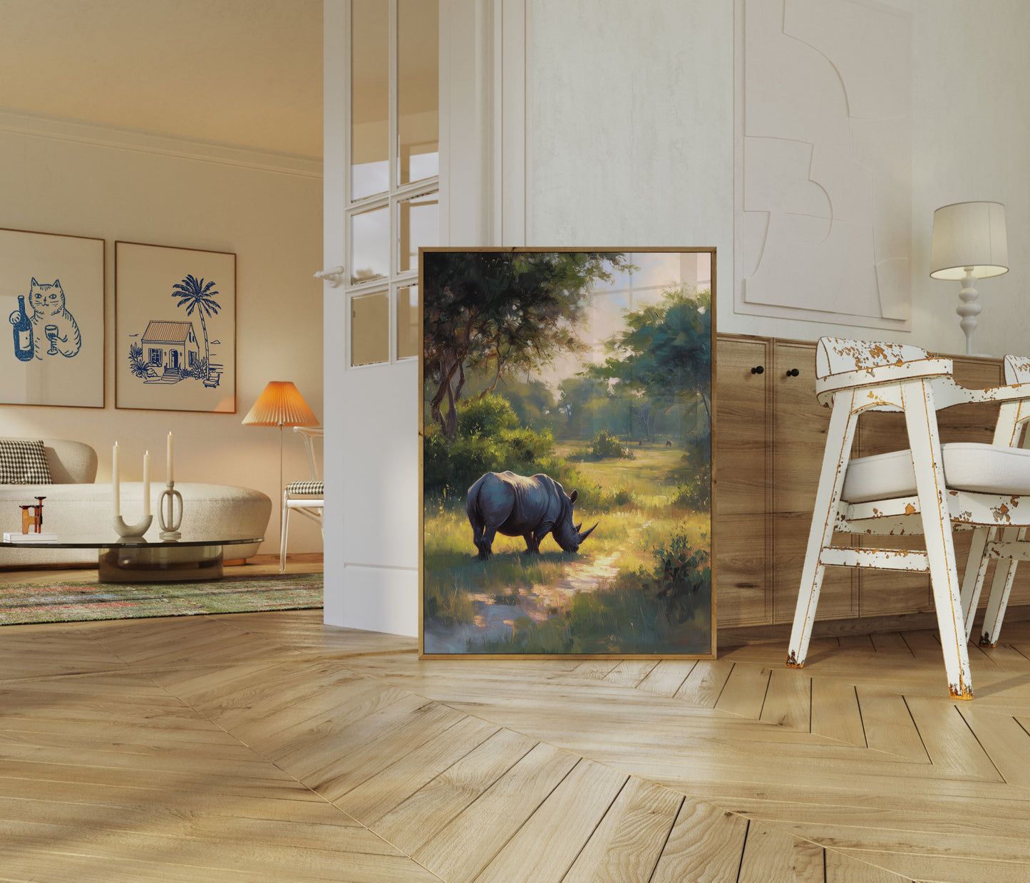 Serene Rhino in Sunlit Meadow Poster