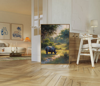 Serene Rhino in Sunlit Meadow Poster