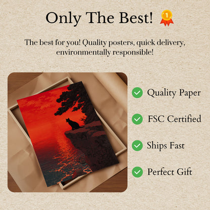 Silhouette Cat Sunset Cliffside Poster