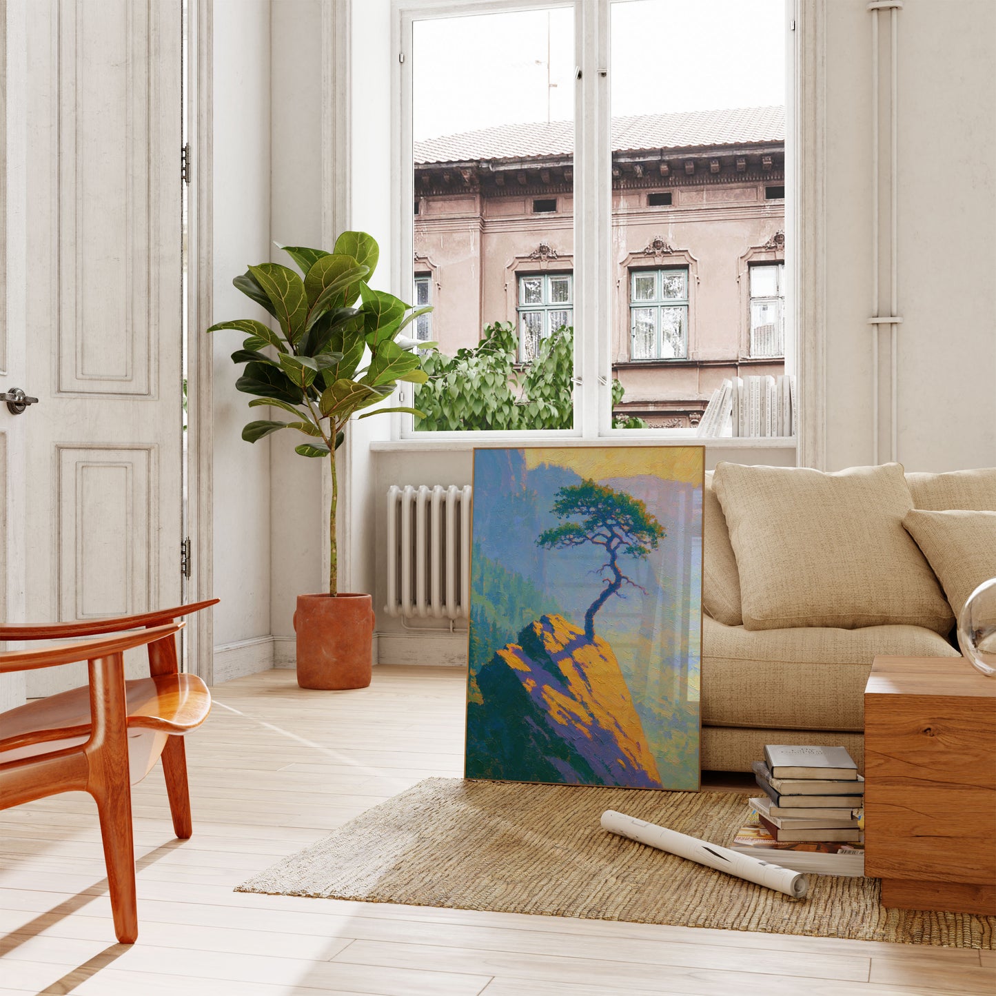 Affiche : Arbre solitaire sur pic montagneux