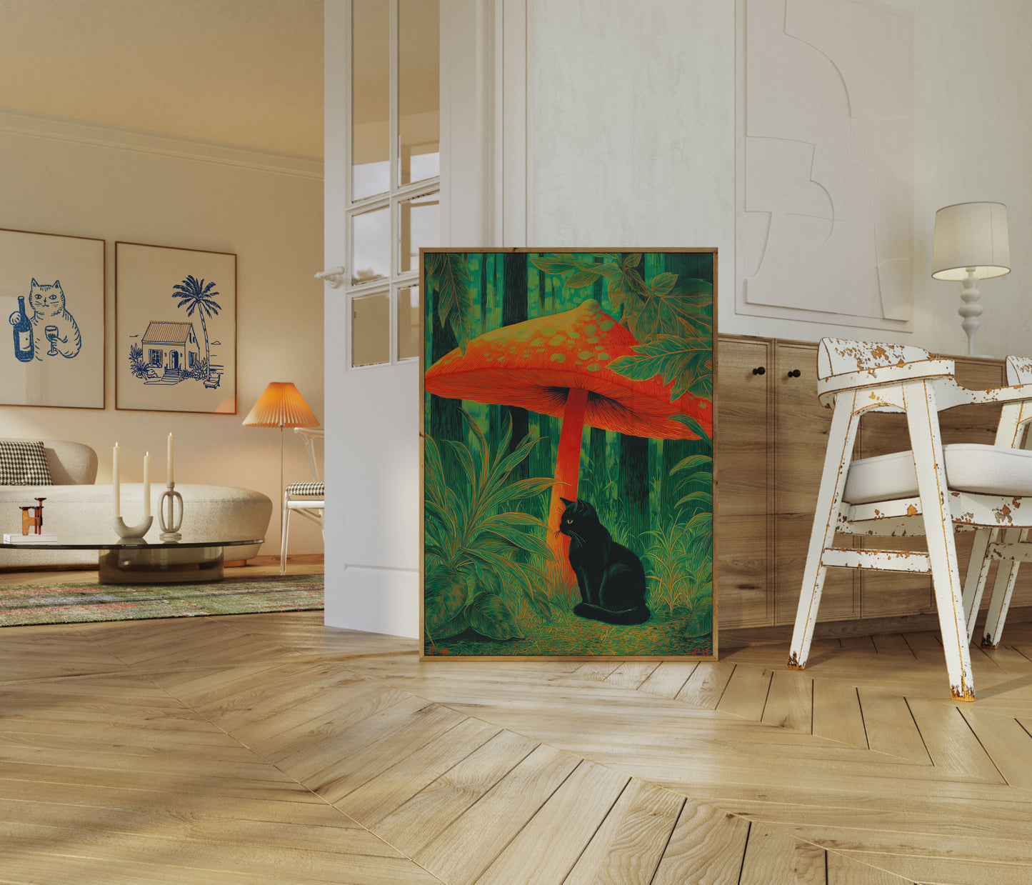 Sort Kat Under Rødt Svamp Plakat