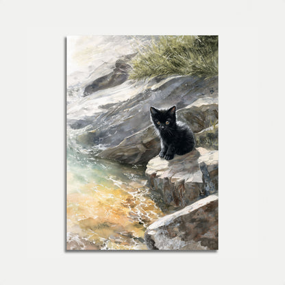 Affiche Petit Chat Noir près du Ruisseau