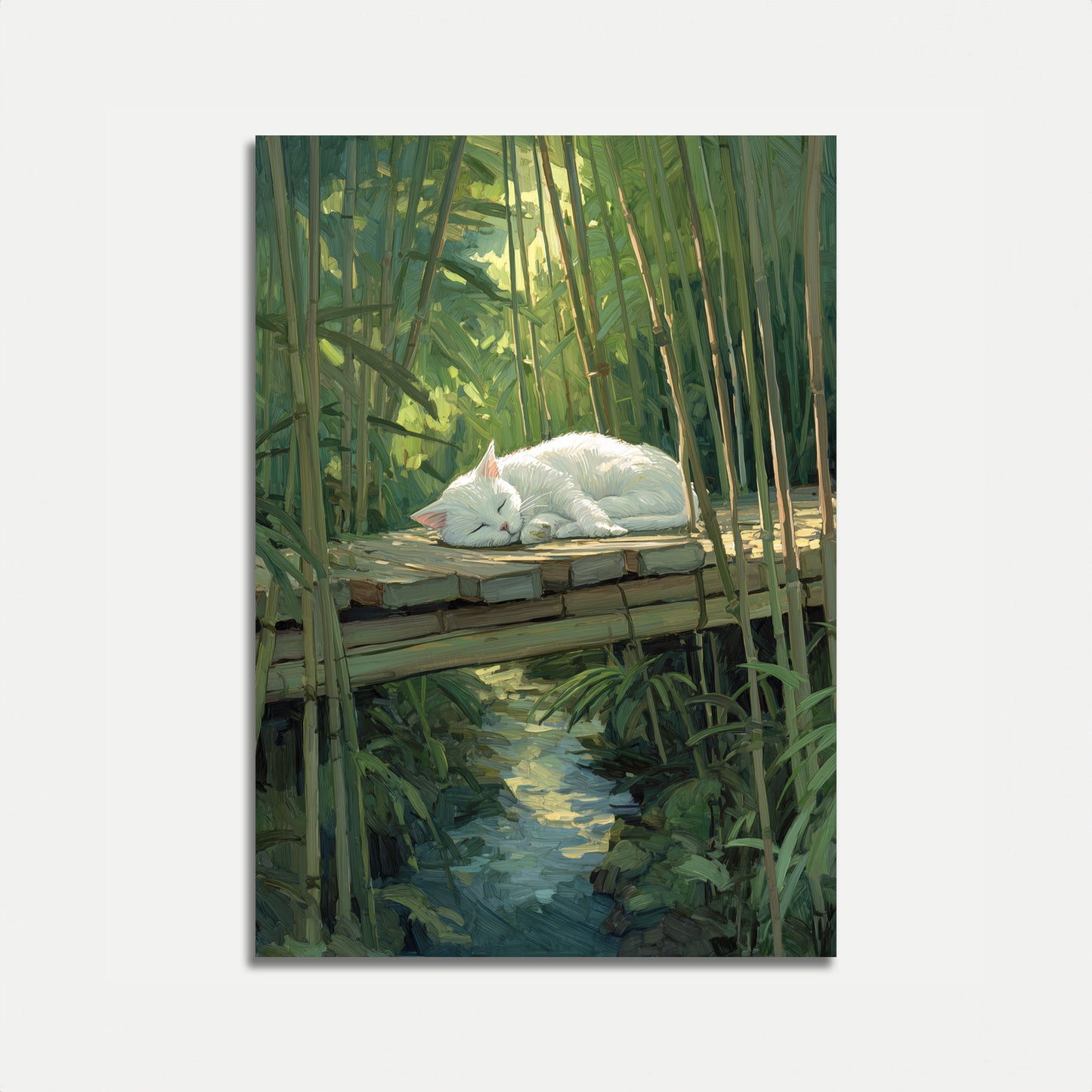 White Cat Resting by Stream Poster