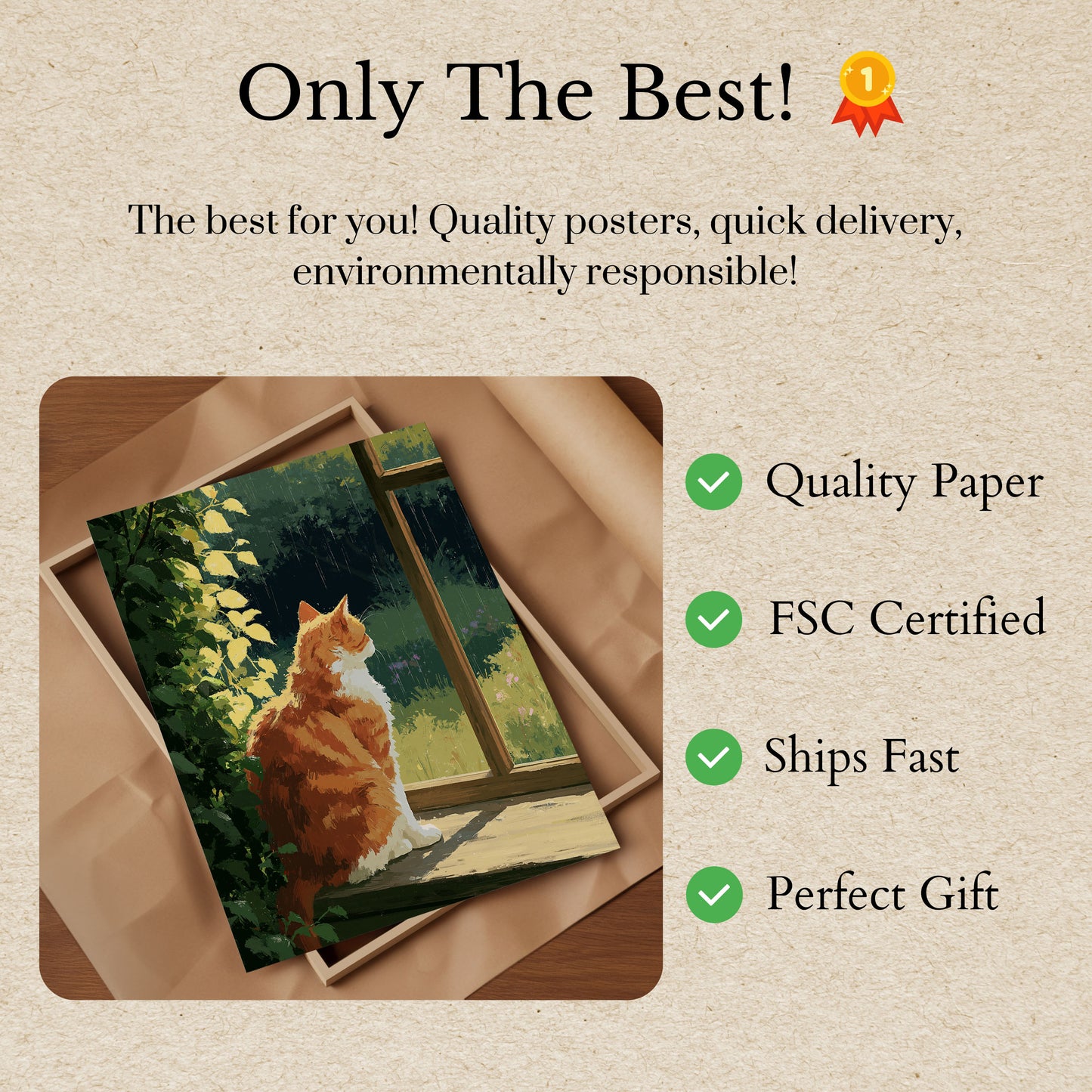 Ginger Cat Rainy Window Poster