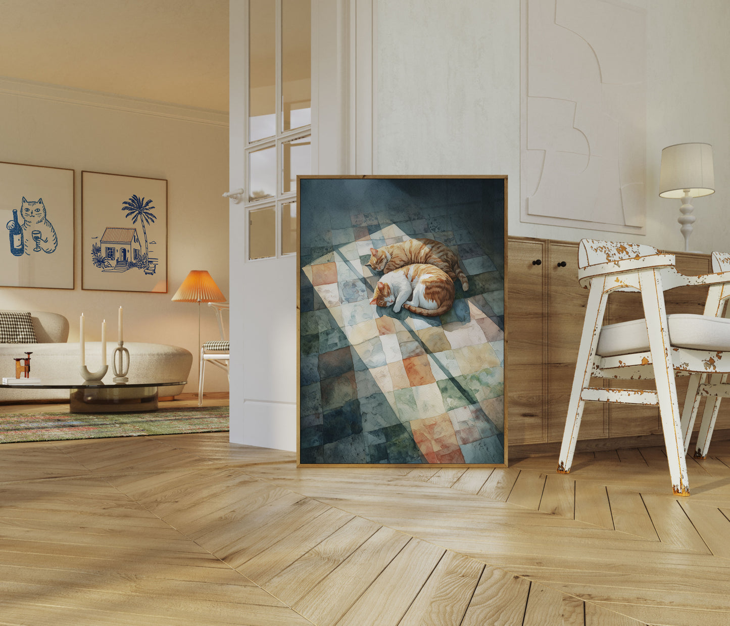 Sovende Katte på Ternet Gulv Plakat