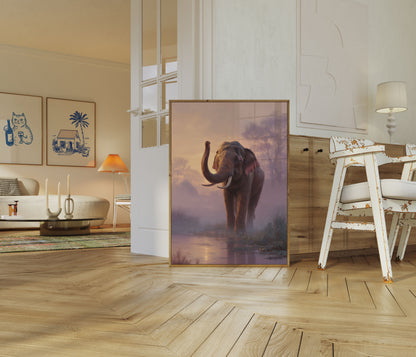 Misty Elephant Sunrise Poster