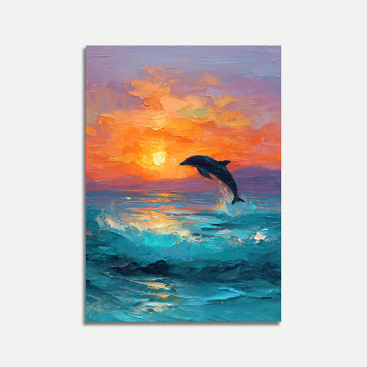 Plakat Delfin Skaczący o Zachodzie Słońca