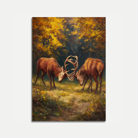 Hirsch-Zusammenstoß im goldenen Wald-Poster