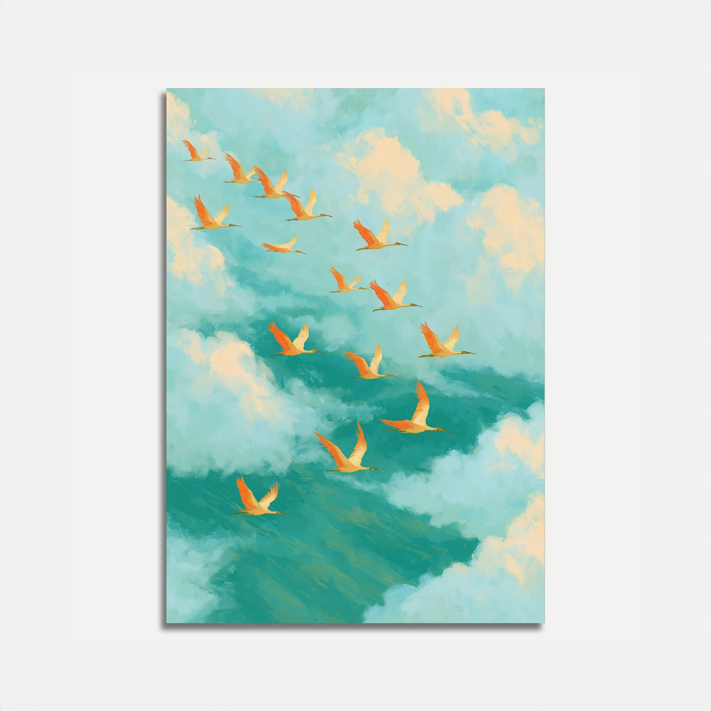 Póster de Grullas Volando Entre Nubes