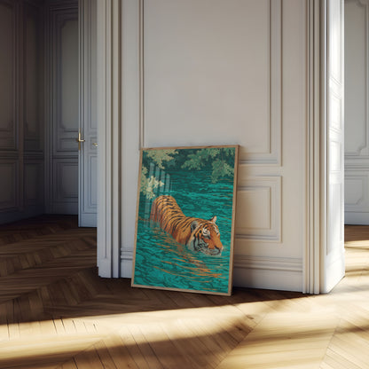 Poster della Tigre che Nuota in Acqua Turchese