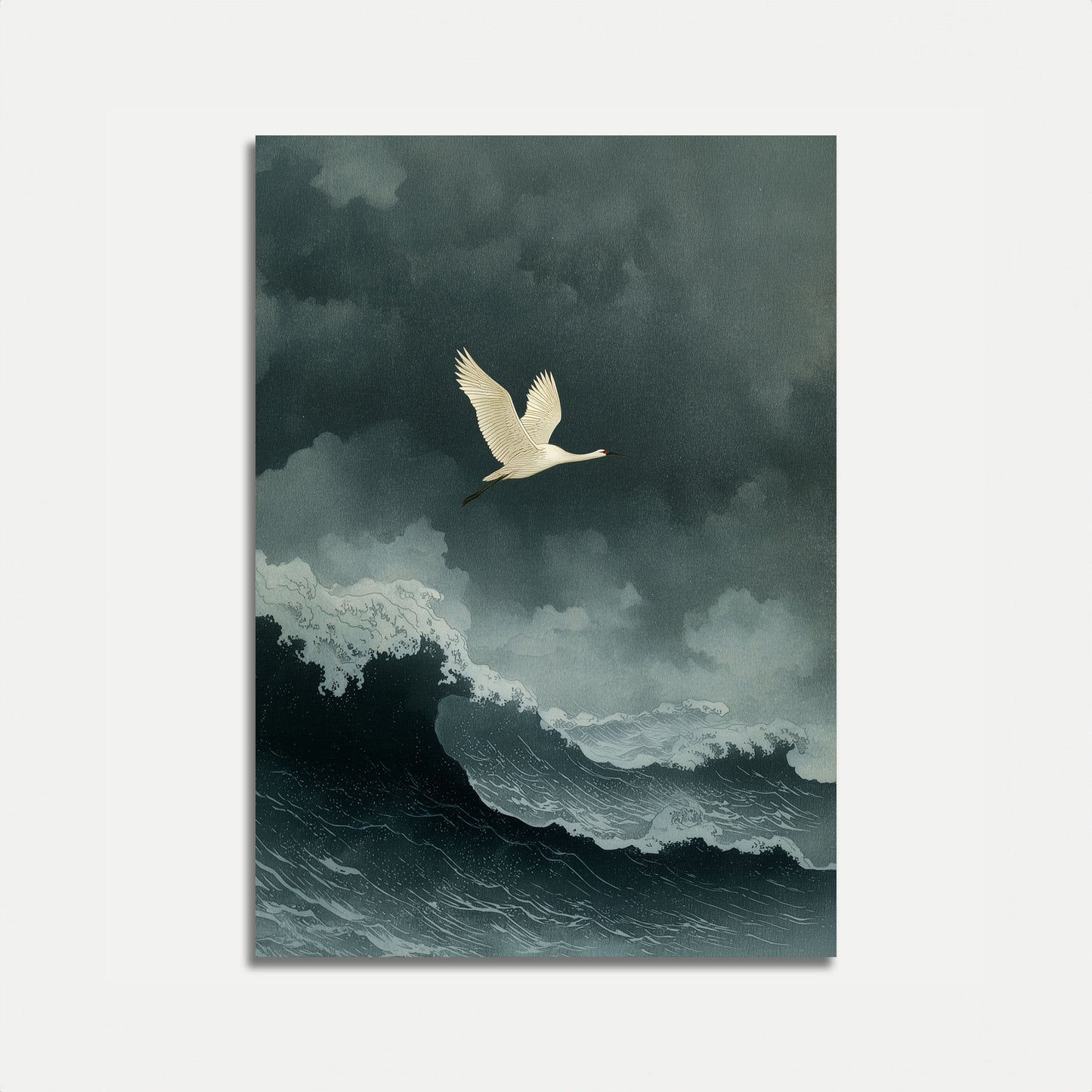 White Crane Above Stormy Waves Poster