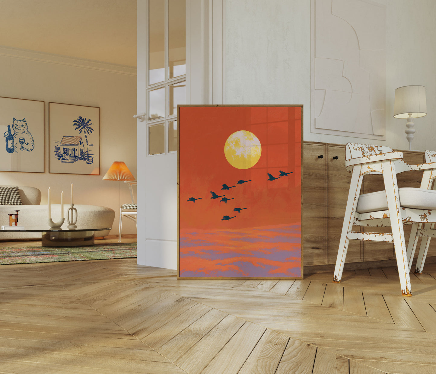 Birds Flying Over Moon Poster