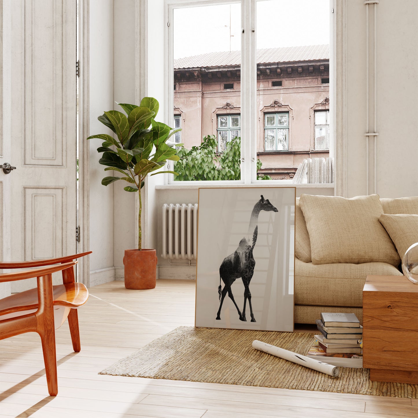 Póster de silueta de jirafa de naturaleza urbana