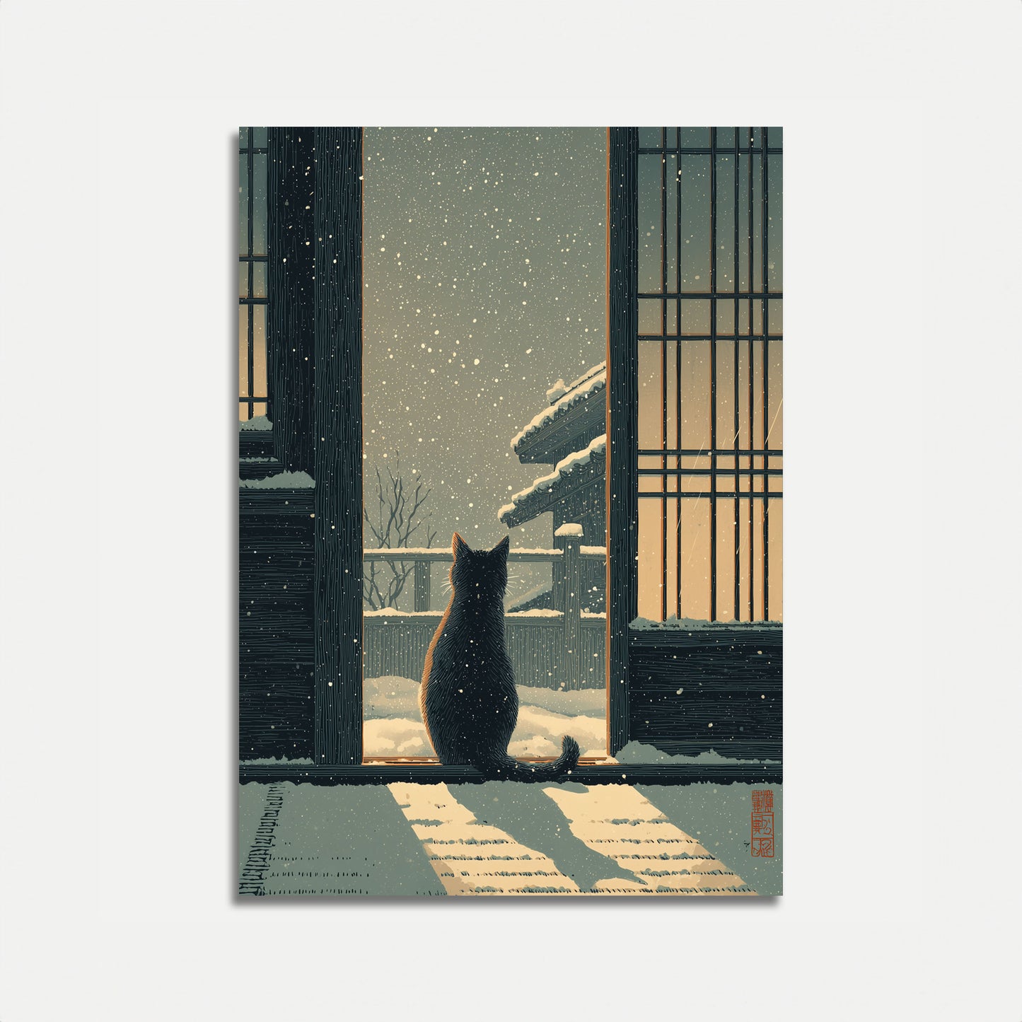 Black Cat Winter Window Poster