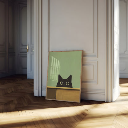 Neugierige schwarze Katze, die hervorlugt Poster