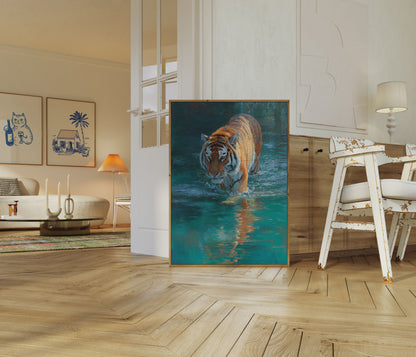 Tiger Wading Through Water Poster