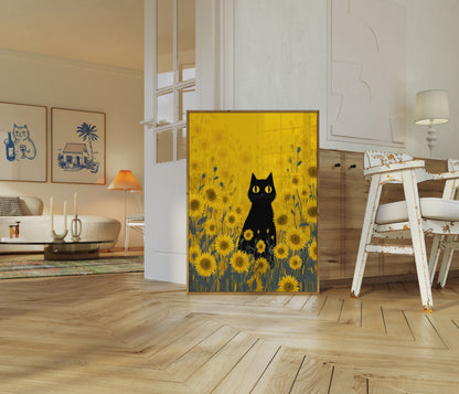 Black Cat in Sunflower Field Poster