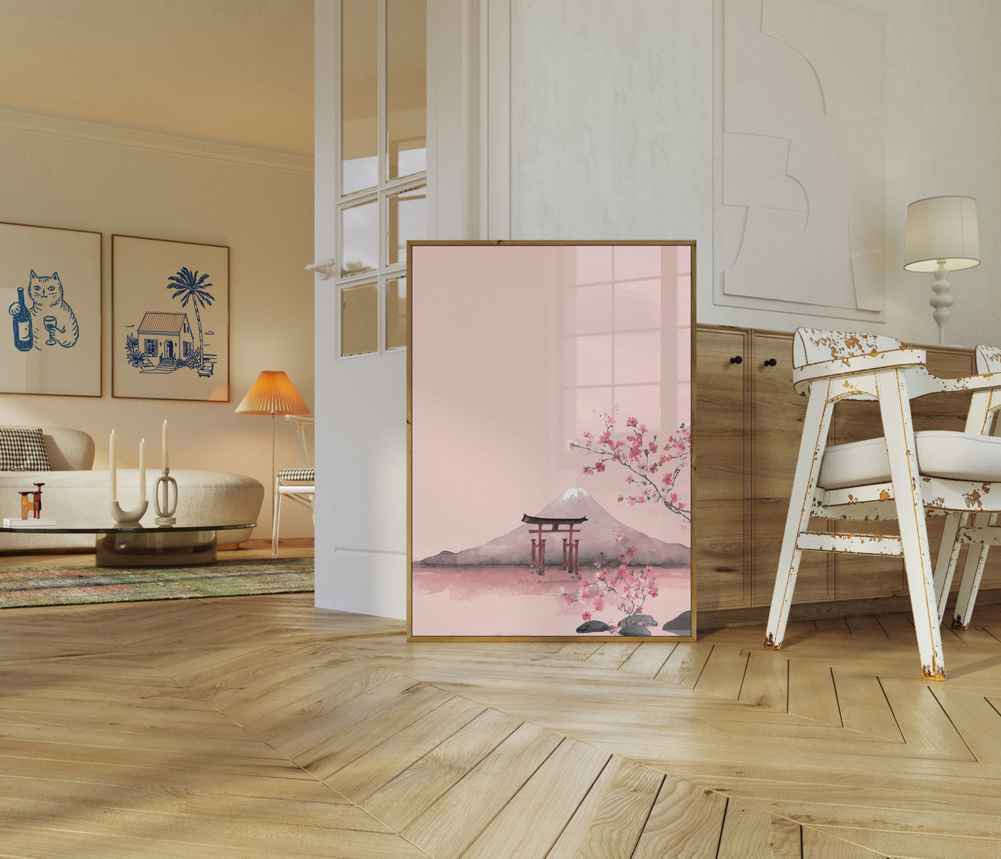 Póster de paisaje de montaña con cerezos en flor